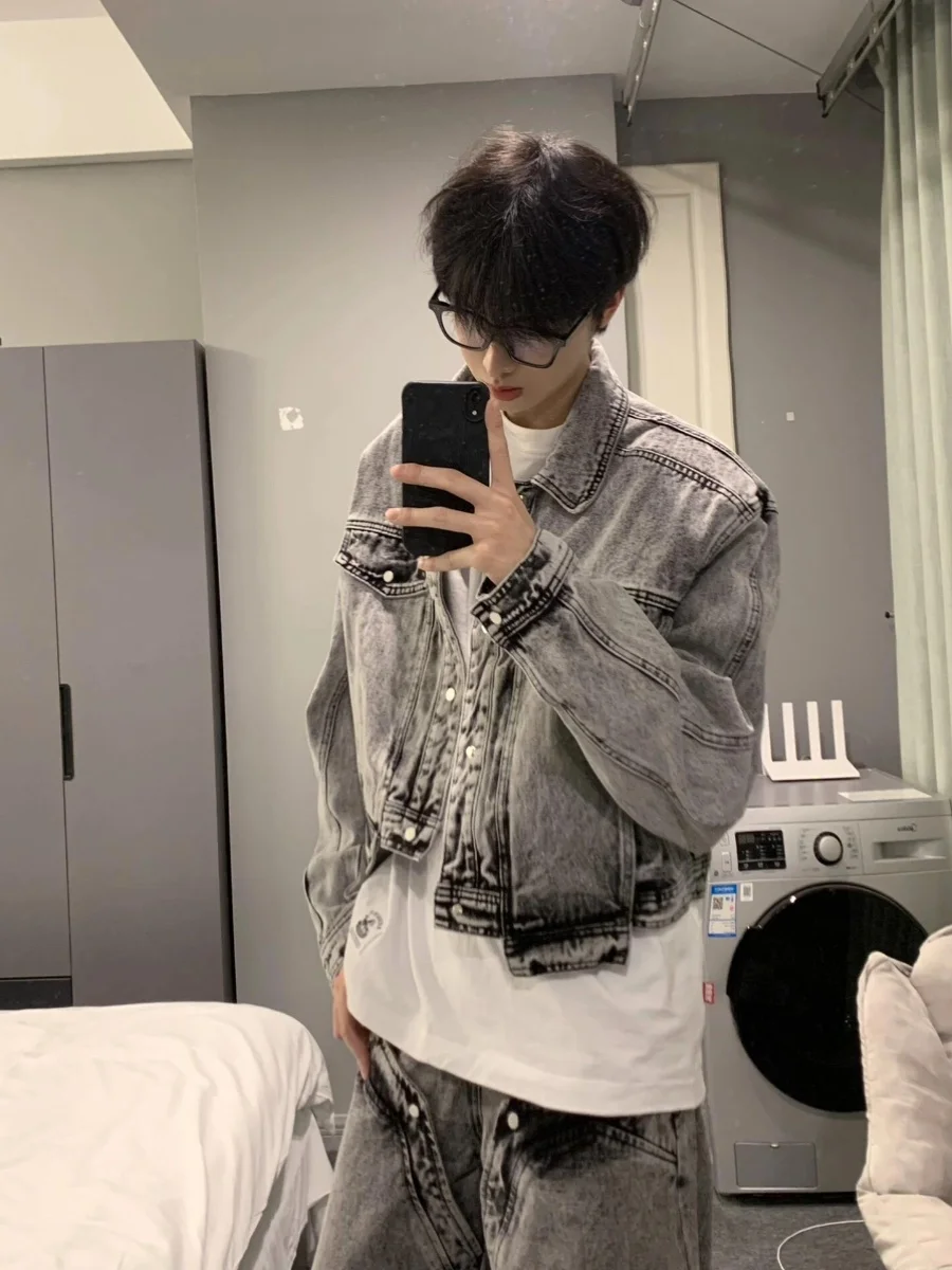 

American Sle Cleanfit ort oulder Pad Denim Jaet Men's High Sensation Spring Autumn Straight Leg Jeans