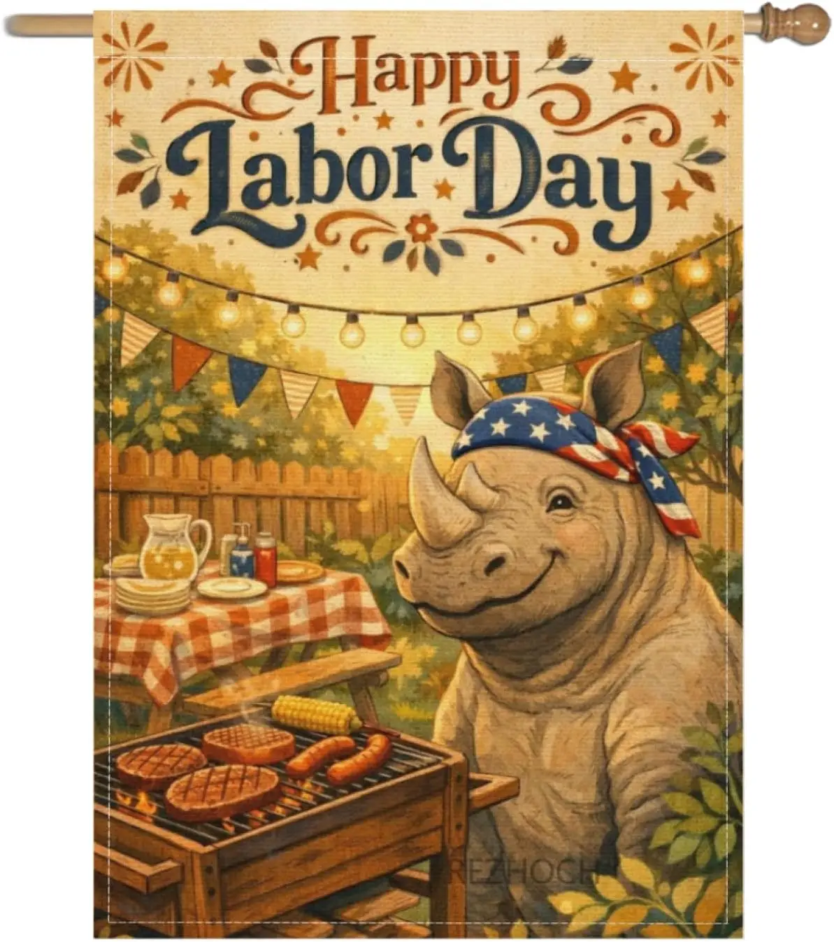 Bohemian Garden Flag 28x40 Inch,Boho Fun Rhinoceros BBQ Party Happy Labor Day Cute Animal Yard Decor,Rustic Double Sided Out AAS