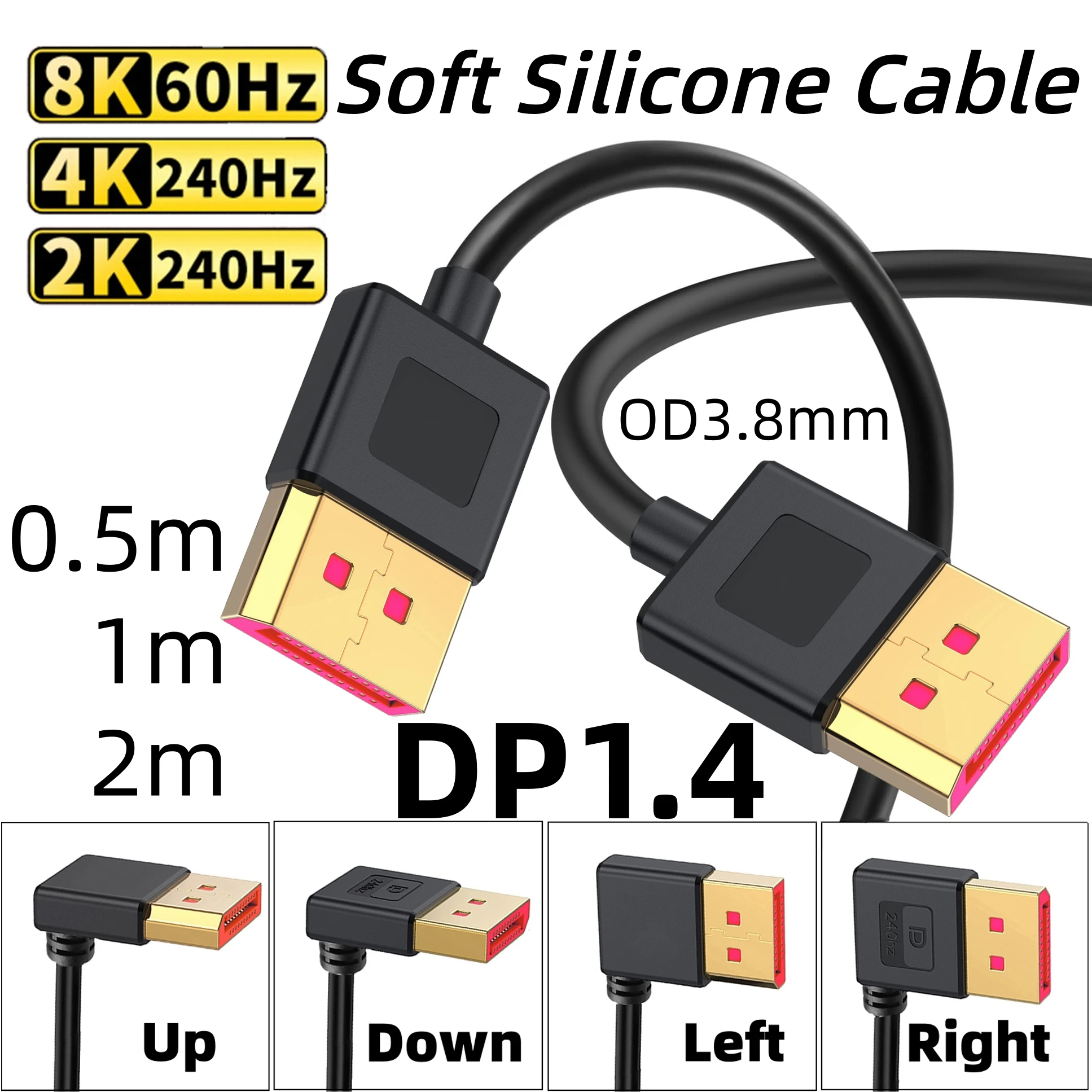 

Кабель DisplayPort 1,4, 90 градусов, DP, вверх/вниз/левый/правый угол, 8K при 60 Гц, 4K при 144 Гц, 2K при 240 Гц, 32,4 Гбит/с, высокоскоростной для игрового монитора ПК
