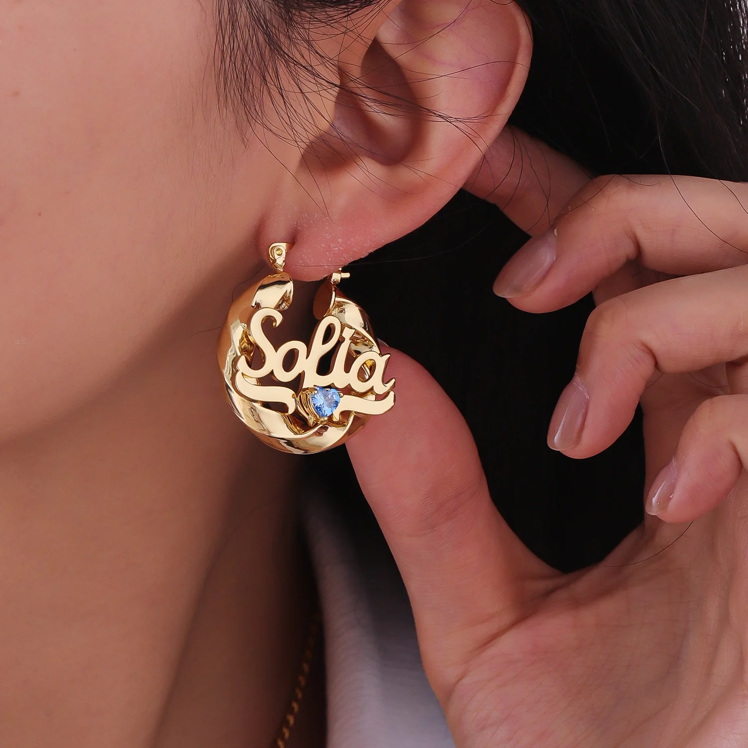 Dascusto individuelles Geburtsstein-Schmuckset, personalisiertes Namensschild, Anhänger, Halskette, 30 mm Creolen, Gold für Frauen, Schmuck, Geschenke – Detail 7