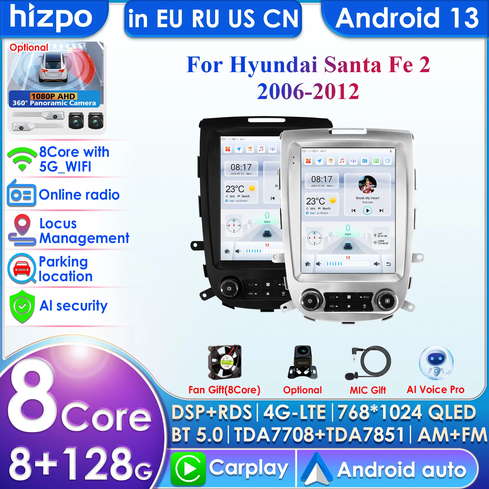 Carplay 4G 9,7'' Tesla Stil Bildschirm 2Din Android 13 Auto Radio für Hyundai Santa Fe 2 2006-2012