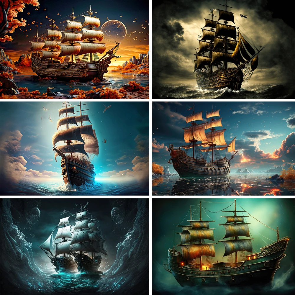 

Beenle Pirate Theme Photography Backdrop Nautical Adventure Background Seascape Sailing Ship Decor Horror Halloween Banner