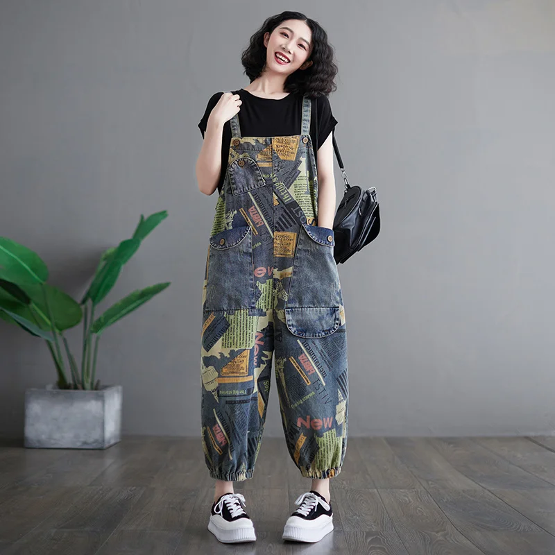 #2303 Spring Full Letters Printed Jeans Jumpsuits Women Big Pockets Loose Vintage Denim Jumpsuits Rompers Womens Retro Overalls