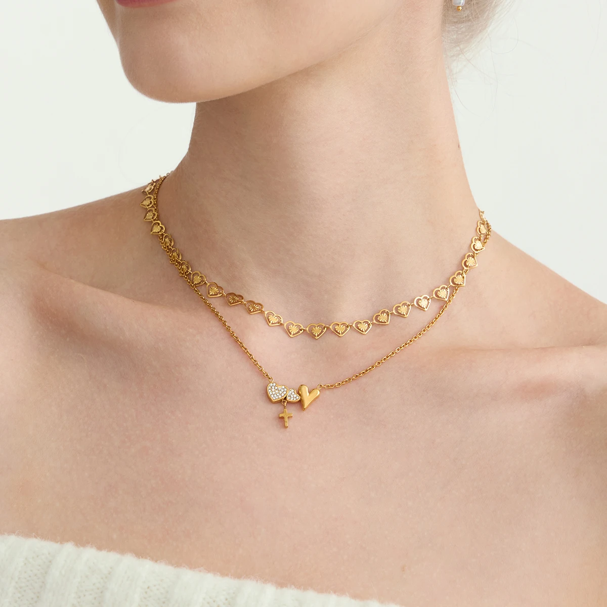 Zora Minimalist Classic Hollow Out Heart-Shaped Basic Chain Necklace 18K Gold Color Plated Stainless Steel Women's Jewelry Party