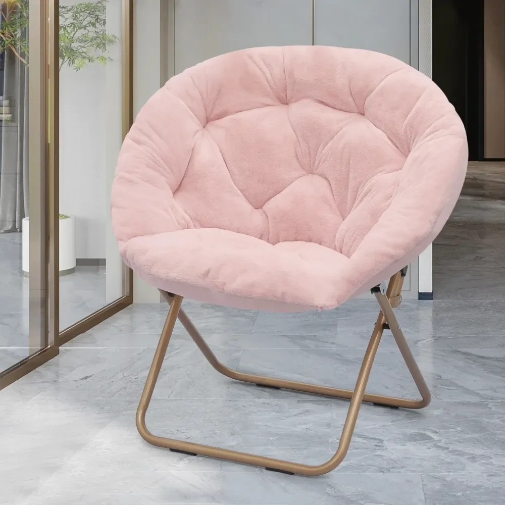 

Round Folding Faux Fur Saucer Chair For Bedroom Living Room Dorm Foldable Metal Frame Oversized Large Comfy Furry Padded Soft L