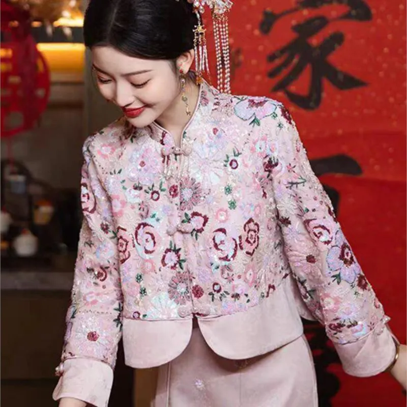 Pink new Chinese toasting improved cheongsam two sets of bridal dress