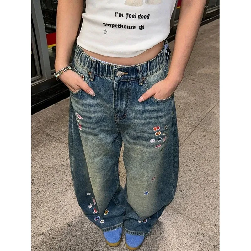 Damskie jeansy z graffiti w stylu kreskówkowym Harajuku, japońskie, styl Y2k z lat 2000, luźne spodnie jeansowe, vintage, oversize, letnie spodnie jeansowe, odzież