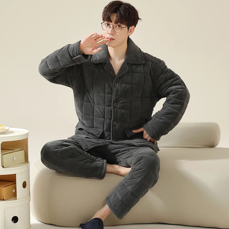 Couple Pajamas Set Men Women Hooded Pyjamas Male Female 3 Layer Clip Cotton Home Suit