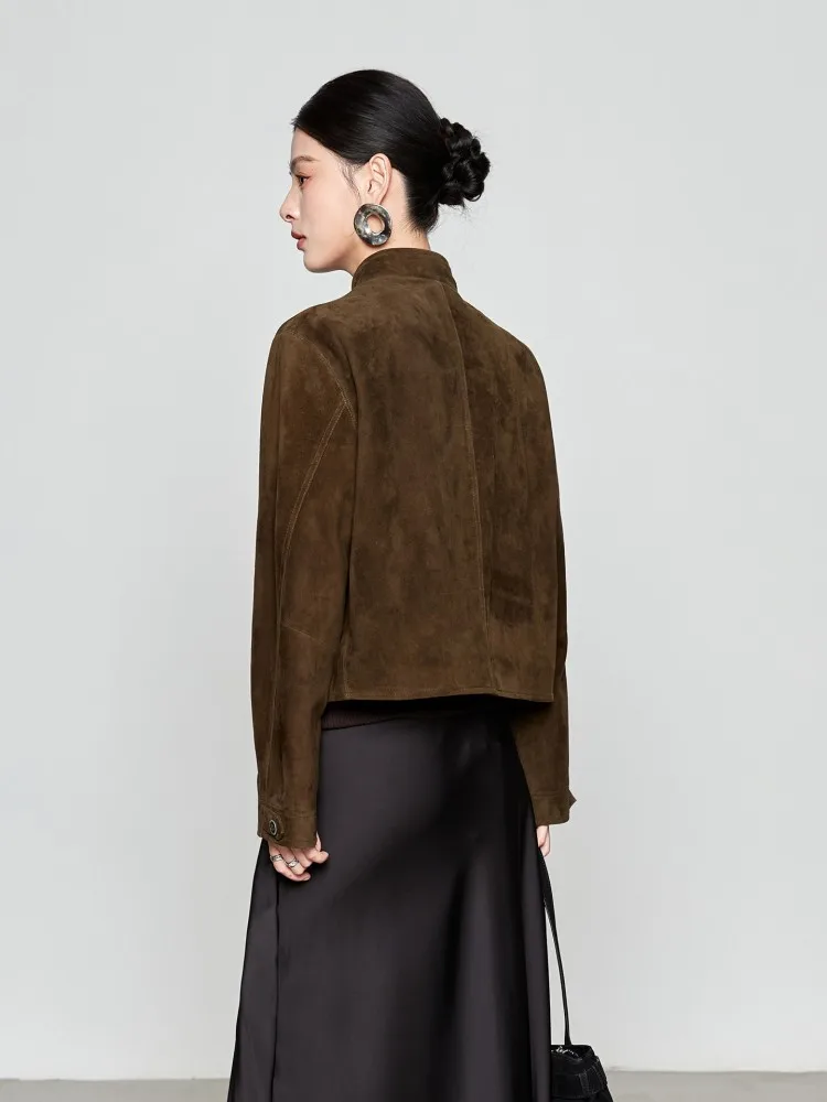 2026 Spring Autumn Female Luxury Genuine Leather Short Jacket Pocket Womens Sheep Suede Stand Collar Coat Single Breasted Coats
