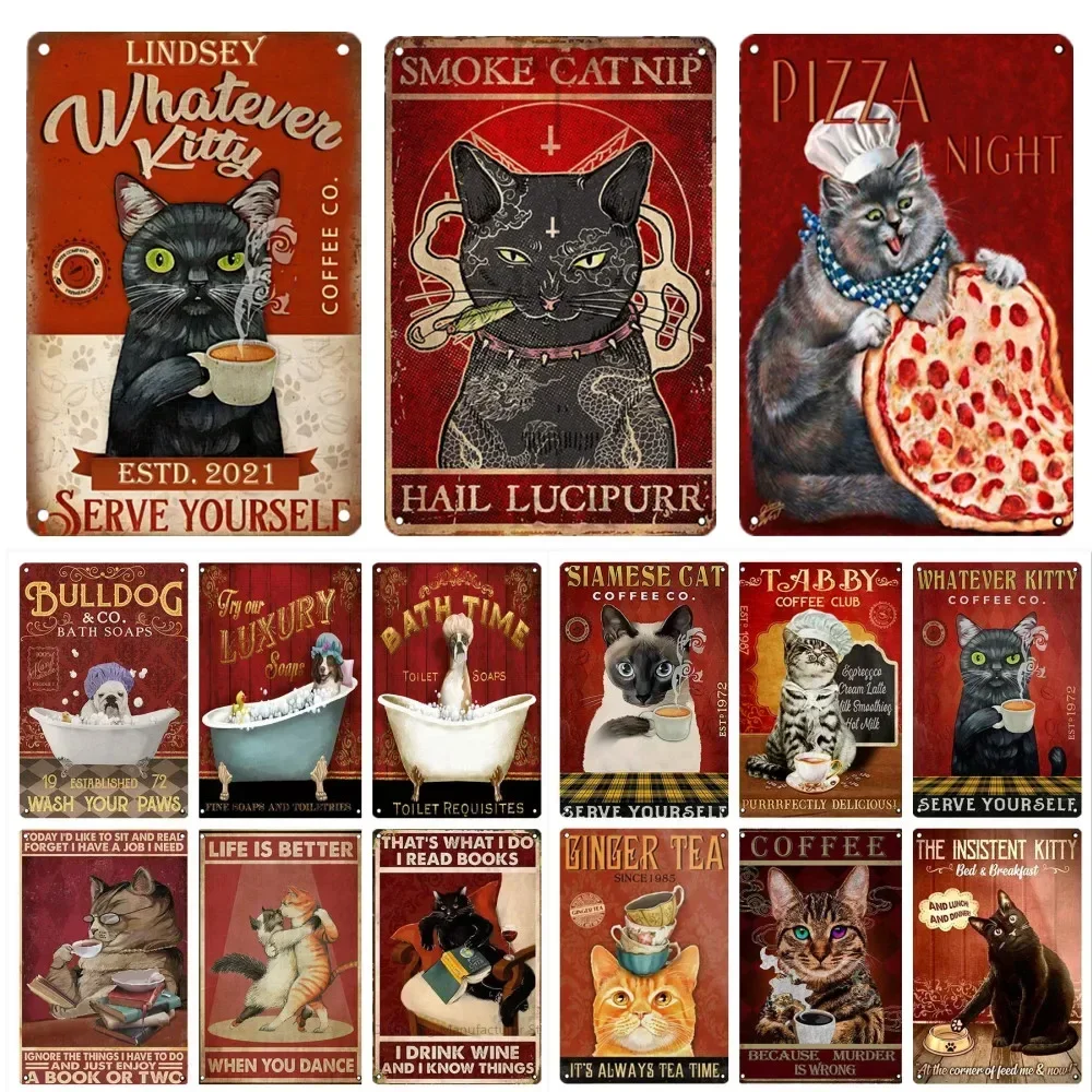 Gourmet Black Cat Metal Poster Bathe Caffe Cats Vintage Tin Plaque For Bedroom Living Room Pet Shop Wall Decor Advertise Plate