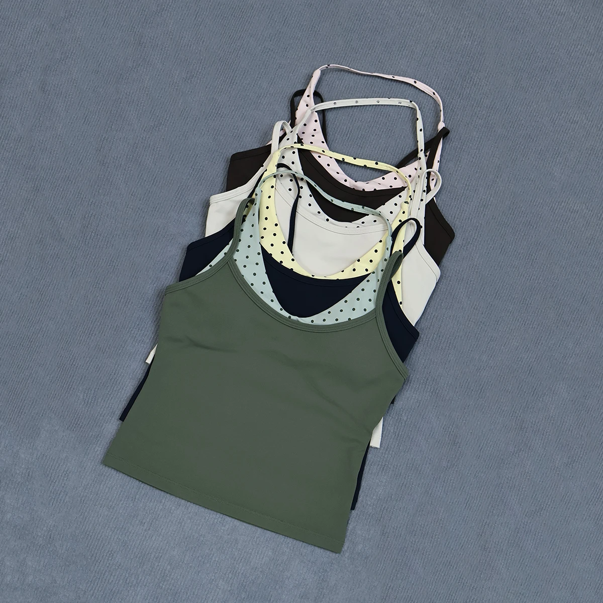 Ladies 2in1 Halter Neck Sports Tank Top Polka Dot Patchwork U-Neck Adjustable Straps Gym Yoga Fitness Sleeveless Camisole
