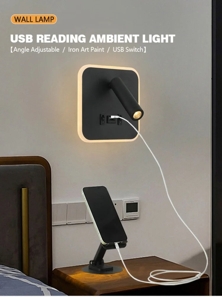 Lampa ścienna LED z portami ładowania USB Type-C, nastrojowe podświetlenie, obrotowy reflektor do czytania, lampka nocna do sypialni, hotelowa lampa ścienna. — 2