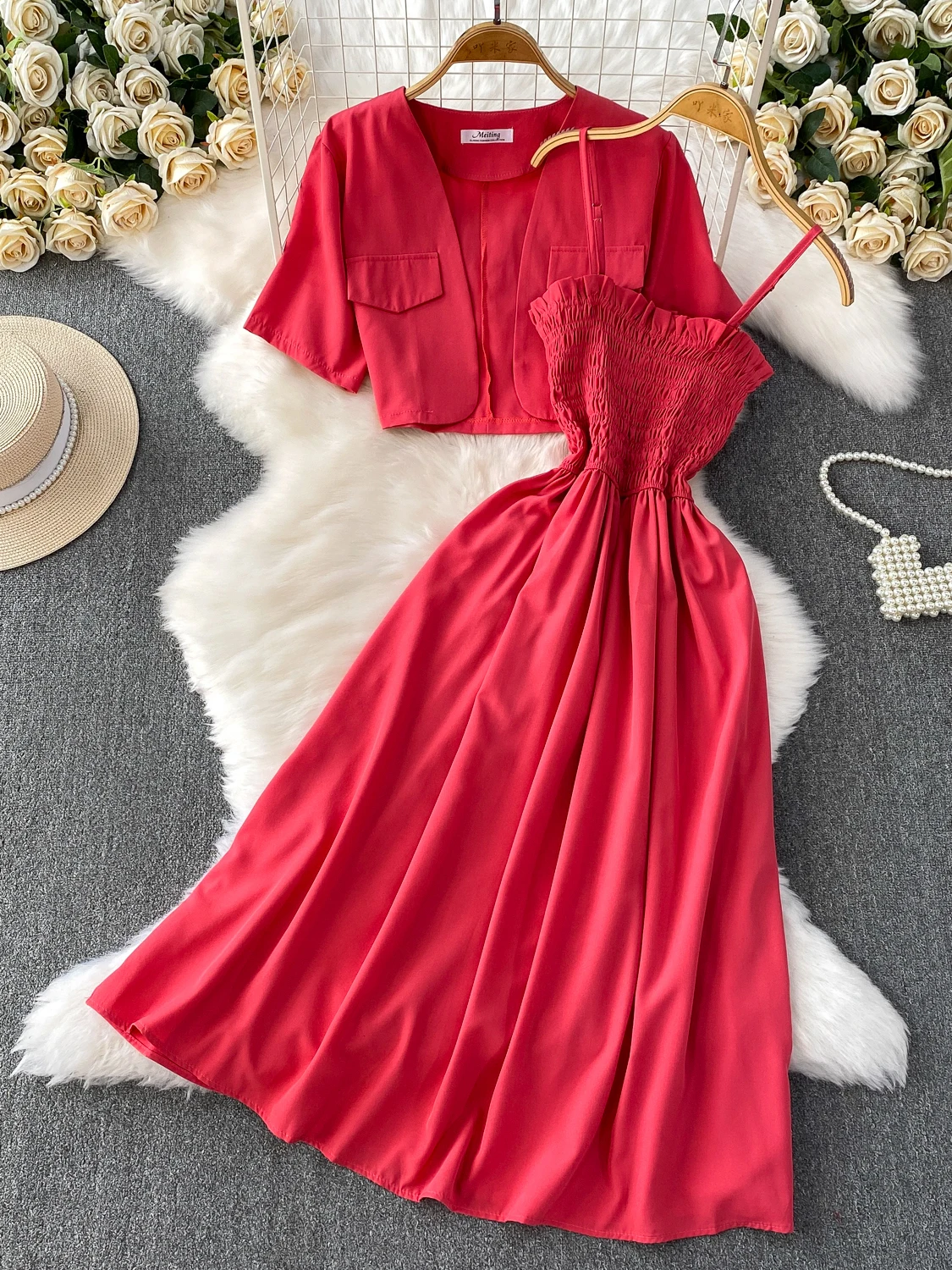 

Faionable Commute ort Red Open Cardigan Jaet + Elastic Pleated Waist-Cinching Strap Dr Set Women's Summer Outfits