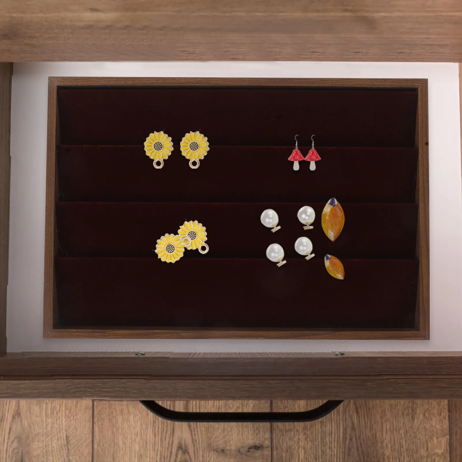 

Distinctive Walnut Wood Jewelry Tray Earring Organizer for Rings Necklaces Bracelets Elegant Vanity Display Case