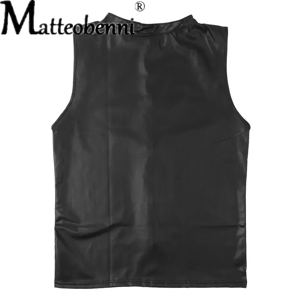 Plus Size Mens Sexy Faux Leather Sleeveless Shirts Erotic Shaping Stretch Tank Tops Male Shiny Leather,Latex Top Fetish Lingerie