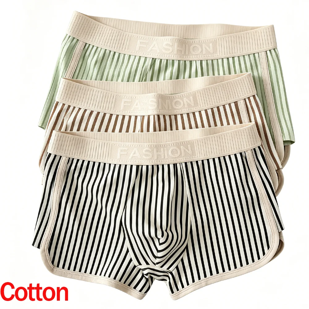 1/3Pcs Men's Boxer Briefs Cotton Striped Mens Boxers Mid Waist Underwear Sporty Breathable Stretchy BoxerShorts Man Panties L-4X