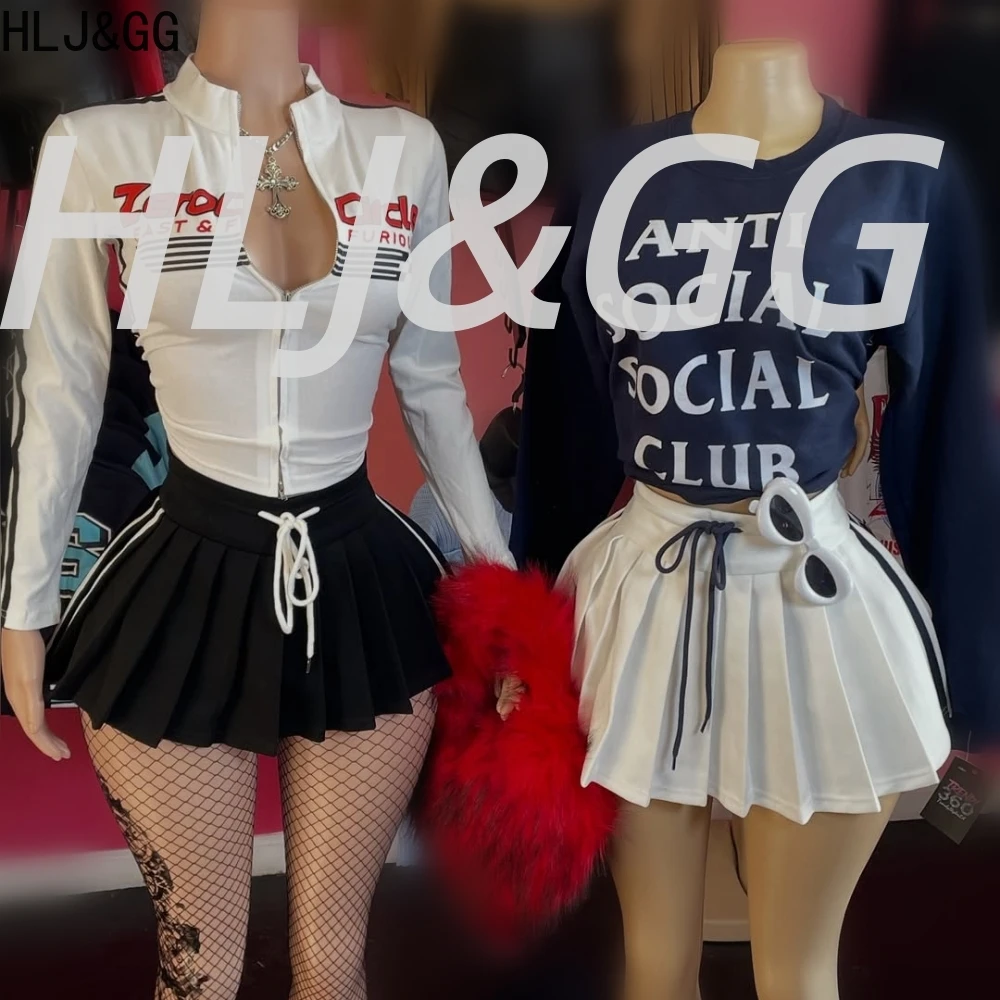 

HLJ&GG American Retro Y2K Letter Printing Two Piece Sets Women Zipper Long Sleeve Top And Mini Pleated Skirts Outfit Streetwear