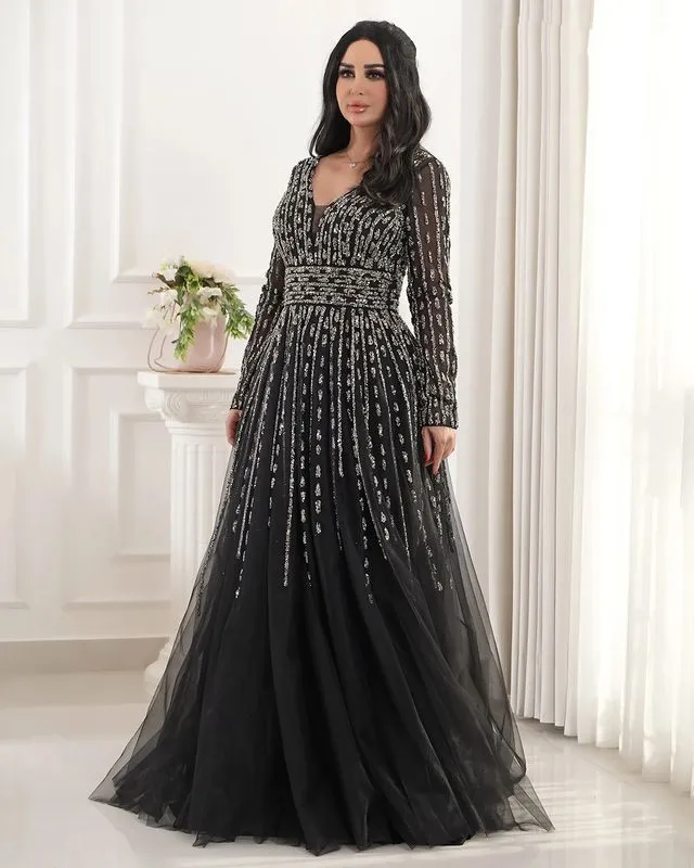 Aso Ebi Árabe Preto Linha A Mãe dos Vestidos de Noiva, Lantejoulas Renda Evening Prom Groom Vestidos, 2022, ZJ346