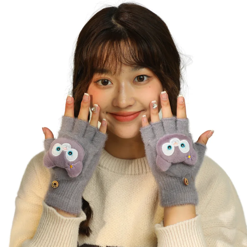 Guantes cálidos Kawaii para mujer, Manoplas de punto de felpa de dibujos animados, suaves, sin dedos, medio dedo, invierno, novedad