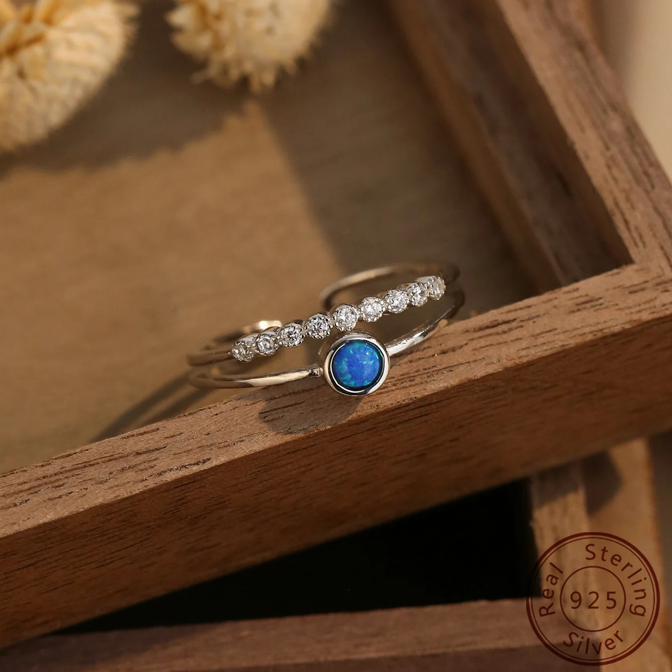 

2025 Fashion New European and American 100% 925 Sterling Silver Round Blue Opal Ring Inlaid with Zircon Open Ring for Women