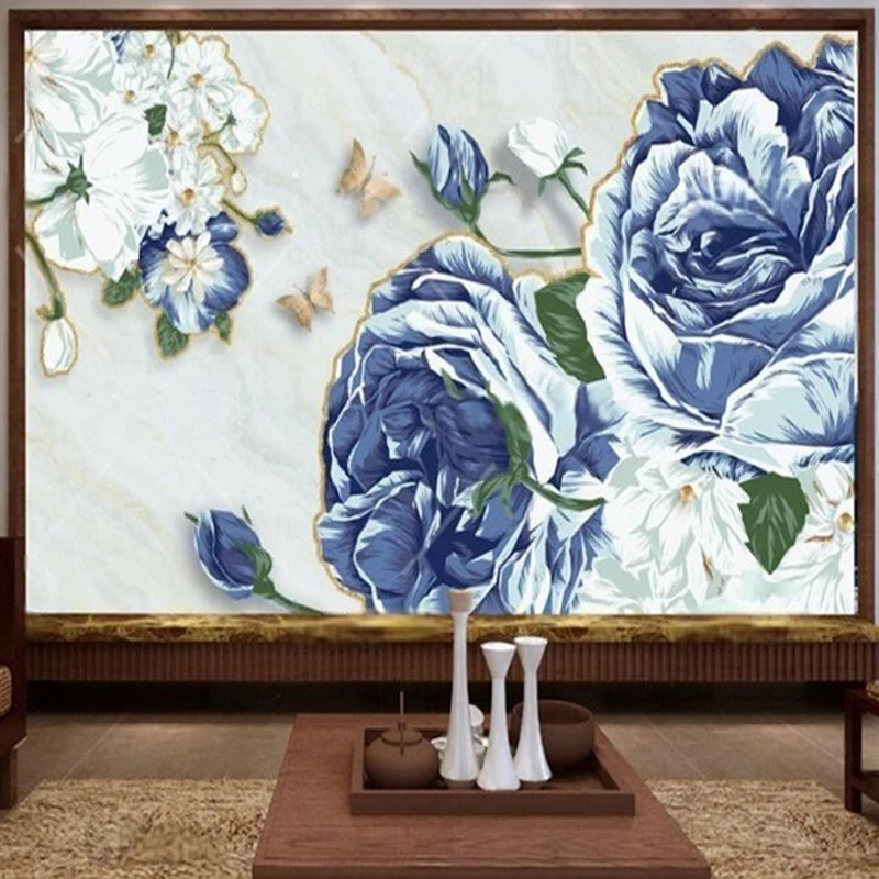 

MU9178 Chinese-style blue peony grand custom TV living room sofa home decoration background wall