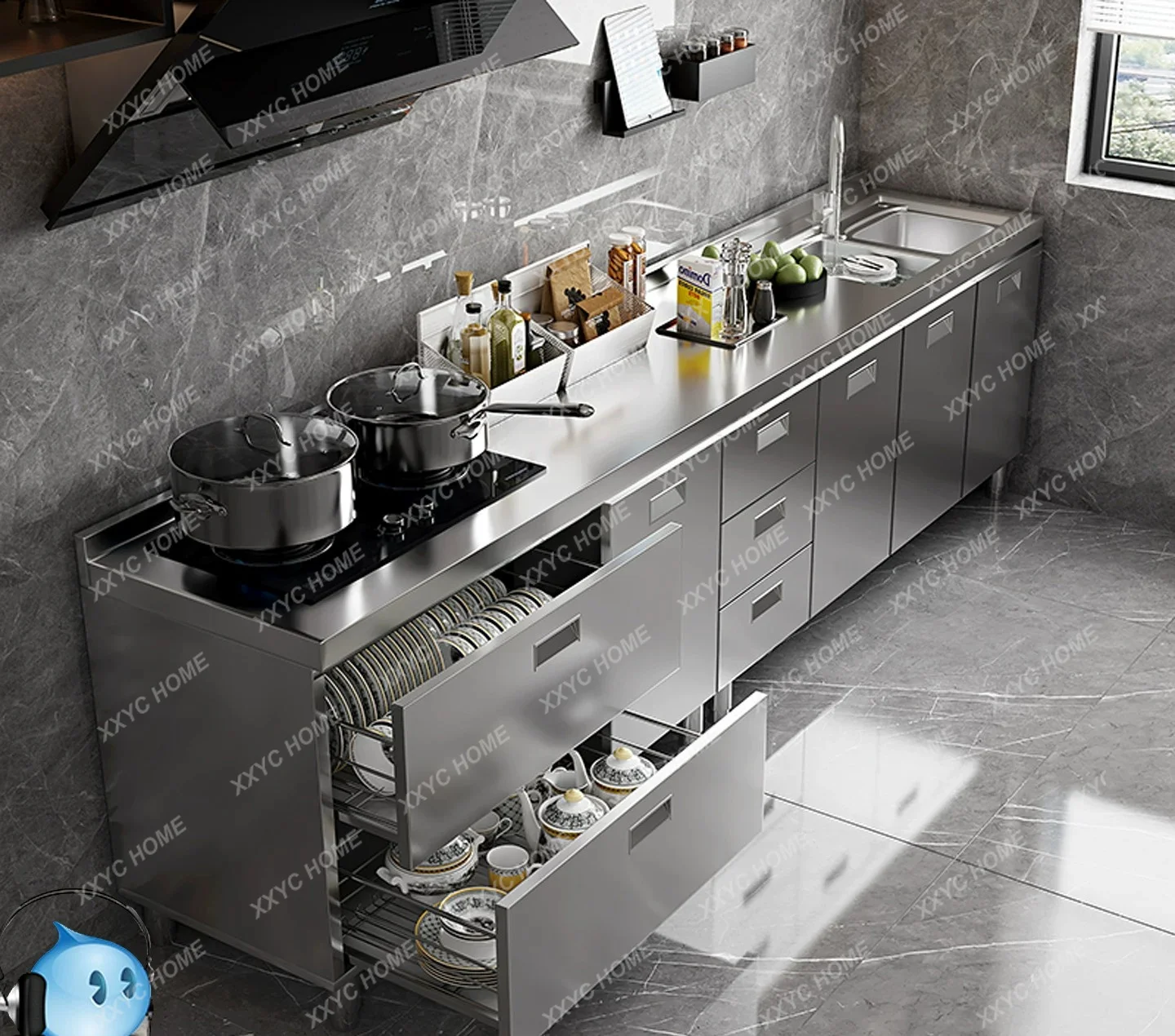 304 stainless steel kitchen cabinet integrated forming countertop thickened storage cupboard simple household stove cabinet