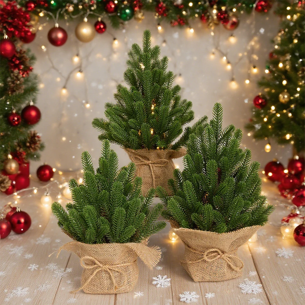 

Mini Christmas Tree Artificial Small Tree Artificial Mini Xmas Miniature Pine Christmas Tree with Linen Base for Xmas Decoration