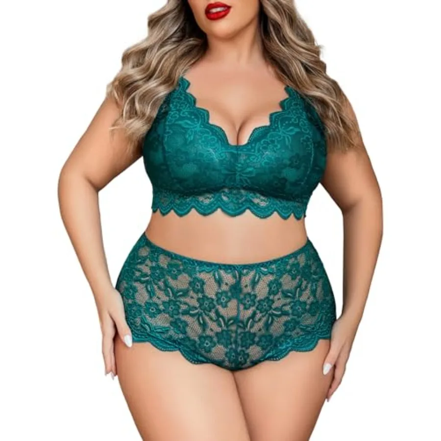 

Plus Size Lingerie Set for Women Sexy Lace Halter Bralette High Waist Panty Set