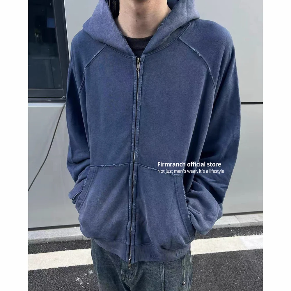 Firmranch 2023 Korean Archive Fashion Dark Blue Zip Up Hoodie Men Women Washing Old Oversized Sweatshirt Spring Autumn Outfits