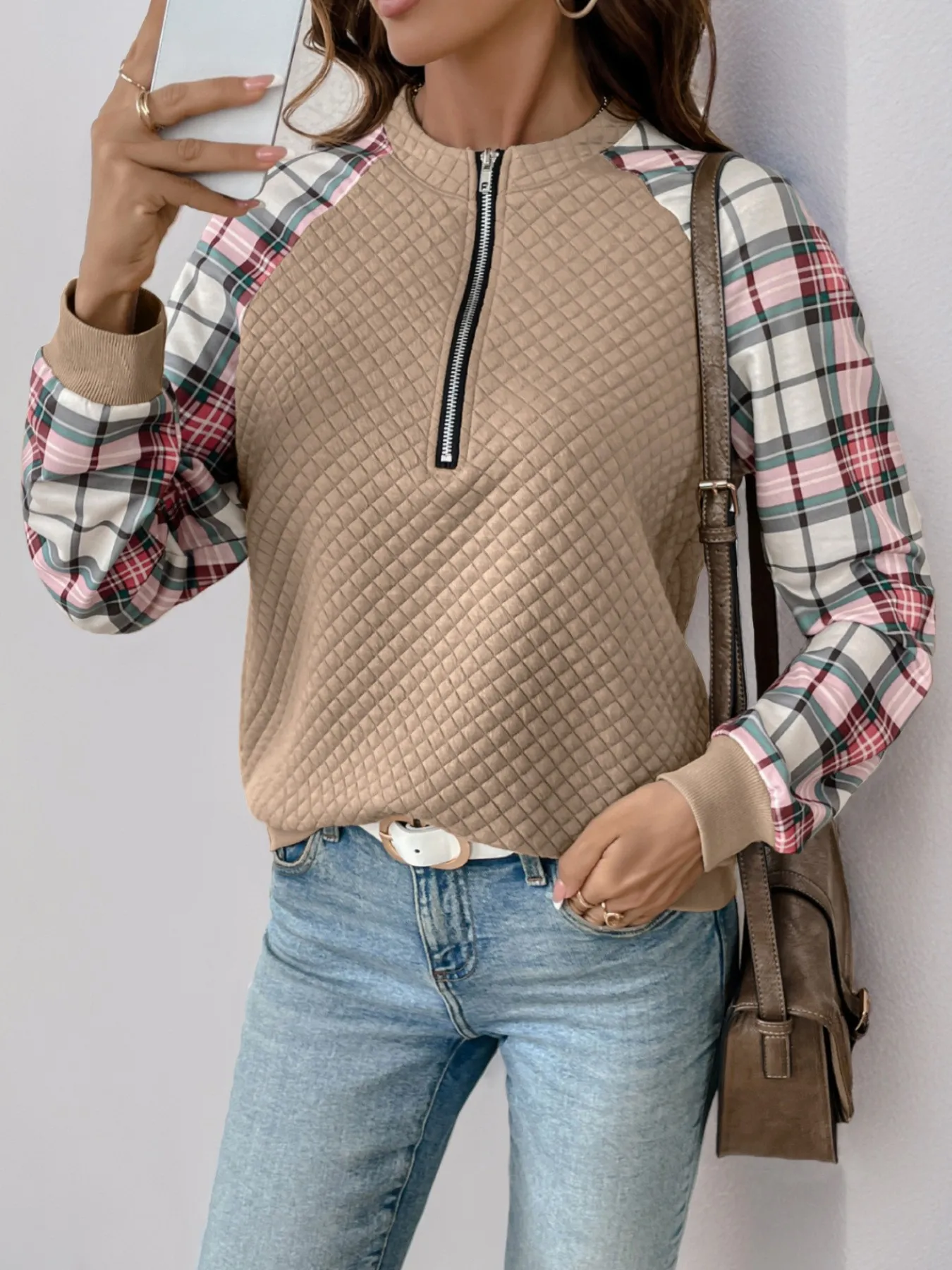 Plaid Patchwork Sweatshirt Loose Fit Literary Retro with Regular Length Autumn Striped Standard Thickness Crew Neck Women Hoodie