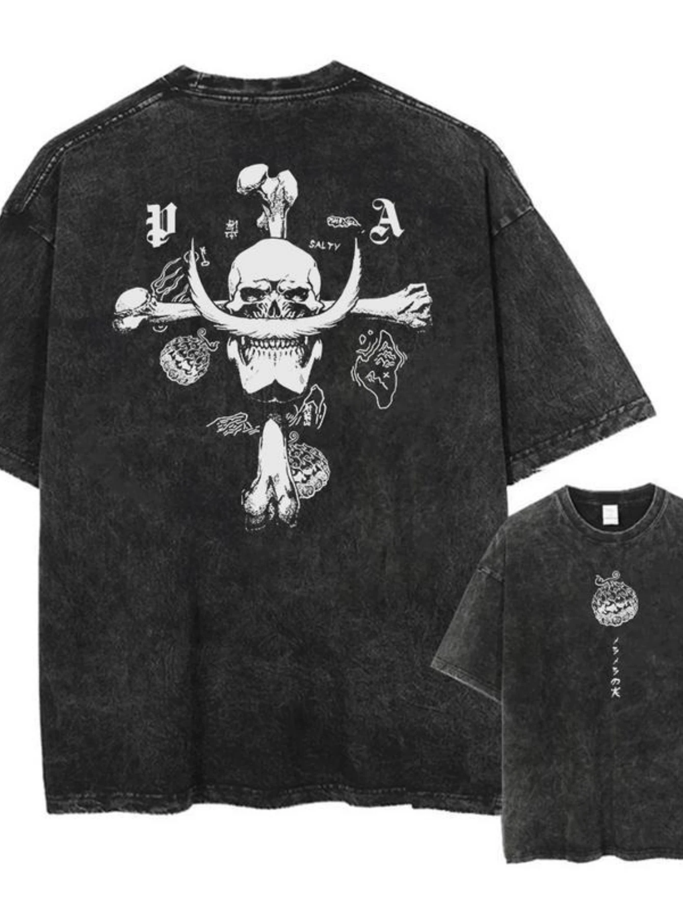 

Skull and Chinese character pattern double-sided printing, retro washed cotton men's T-shirt, short sleeved top streetwear