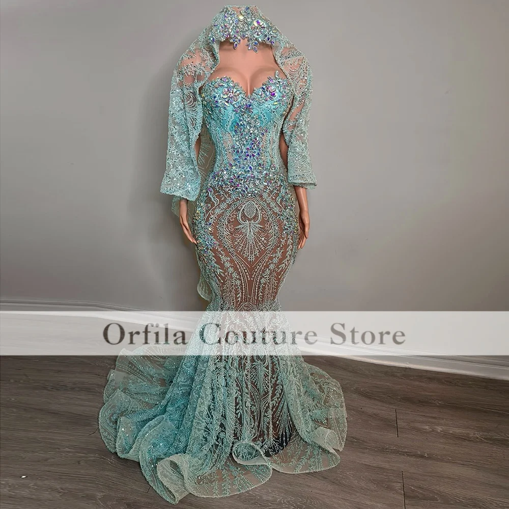 Orfila Mermaid Prom Dress Crystal Beaded Head Cover Evening Dress with Fringe Black Girls Birthday Gala Customized