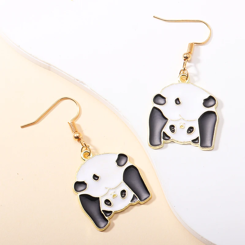 Kawaii Alloy Enamel Animal Drop Earrings Lovely Kung Fu Panda Dangle Earrings For Women Girls Party Birthday Jewelry Gifts