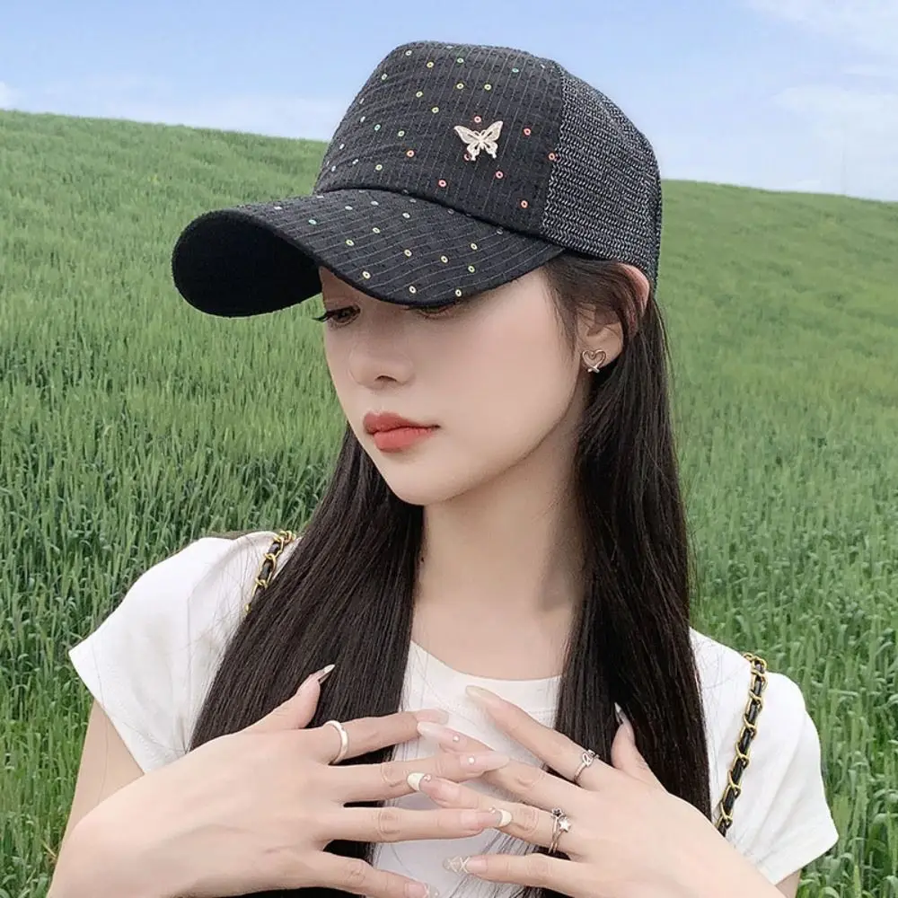 

Casual Sequin Mesh Baseball Hat Butterfly Adjustable Sport Peaked Hat Anti-UV Sun Protection Summer Sun Hat Outdoor