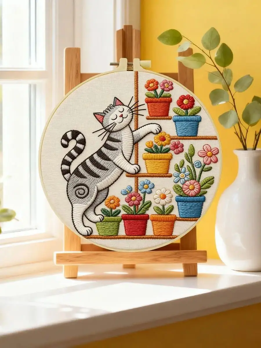 1 Stück 20X20CM/15X15CM 7,87/6,3 Zoll Tier - Katze Stickerei Starter-Kit DIY-Kit DIY-Stickerei-Set Handarbeiten Malerei – Detail 6