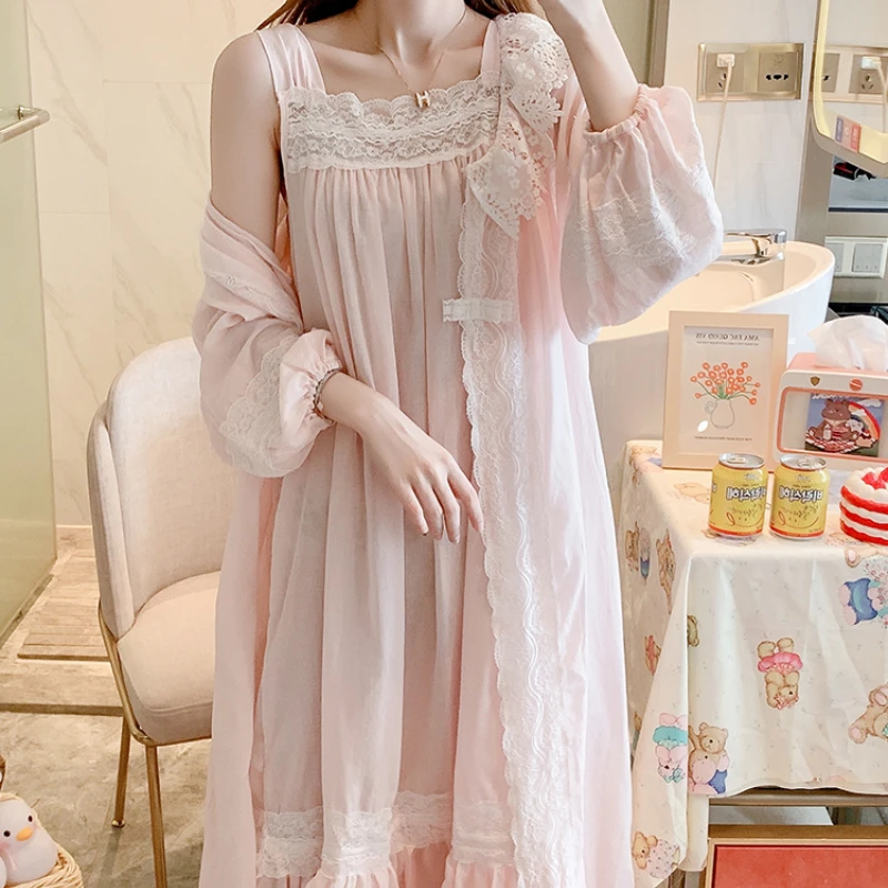 Pure Cotton Long Robe Slip Dress Peignoir Sets Princess Sleepwear Fairy Night Dress Women Autumn Victorian Vintage Nightgowns