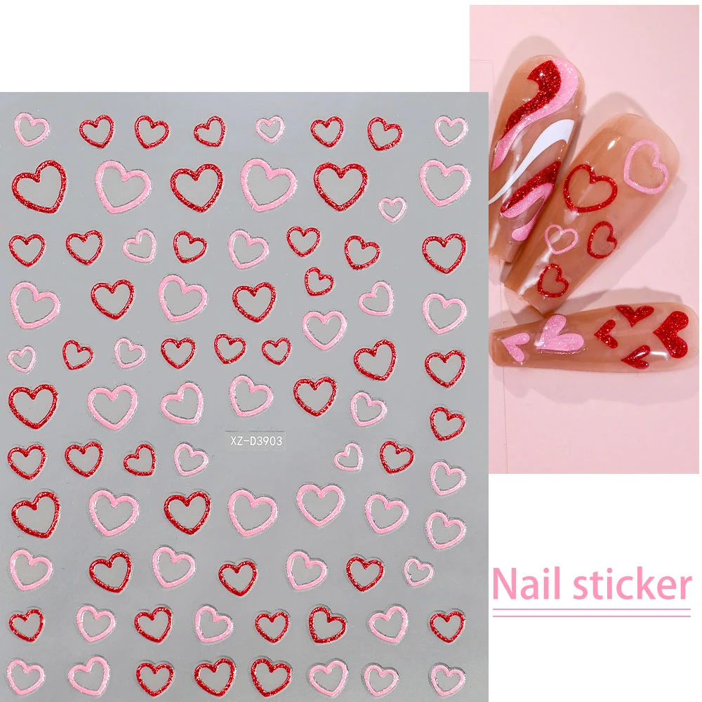 1PC 5D Pink/Red Love Heart Nail Sticker Glitter Shiny Heart Valentine\'s Day Nail Decal 8*10cm Kawaii Self-adhesive Nail Supplies