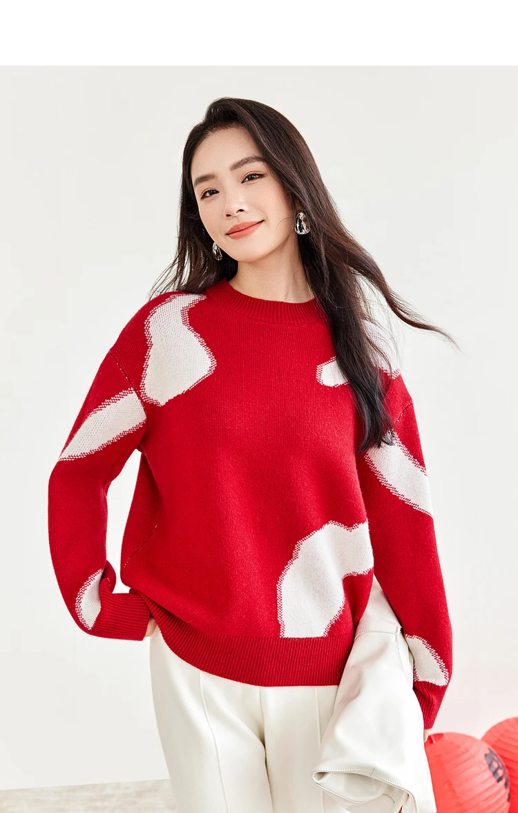 SENTUBILA Red Spliced Sweater Pullover Women 2024 Winter Christmas Casual O Neck Long Sleeve Loose Cozy Knitwear W44E57714