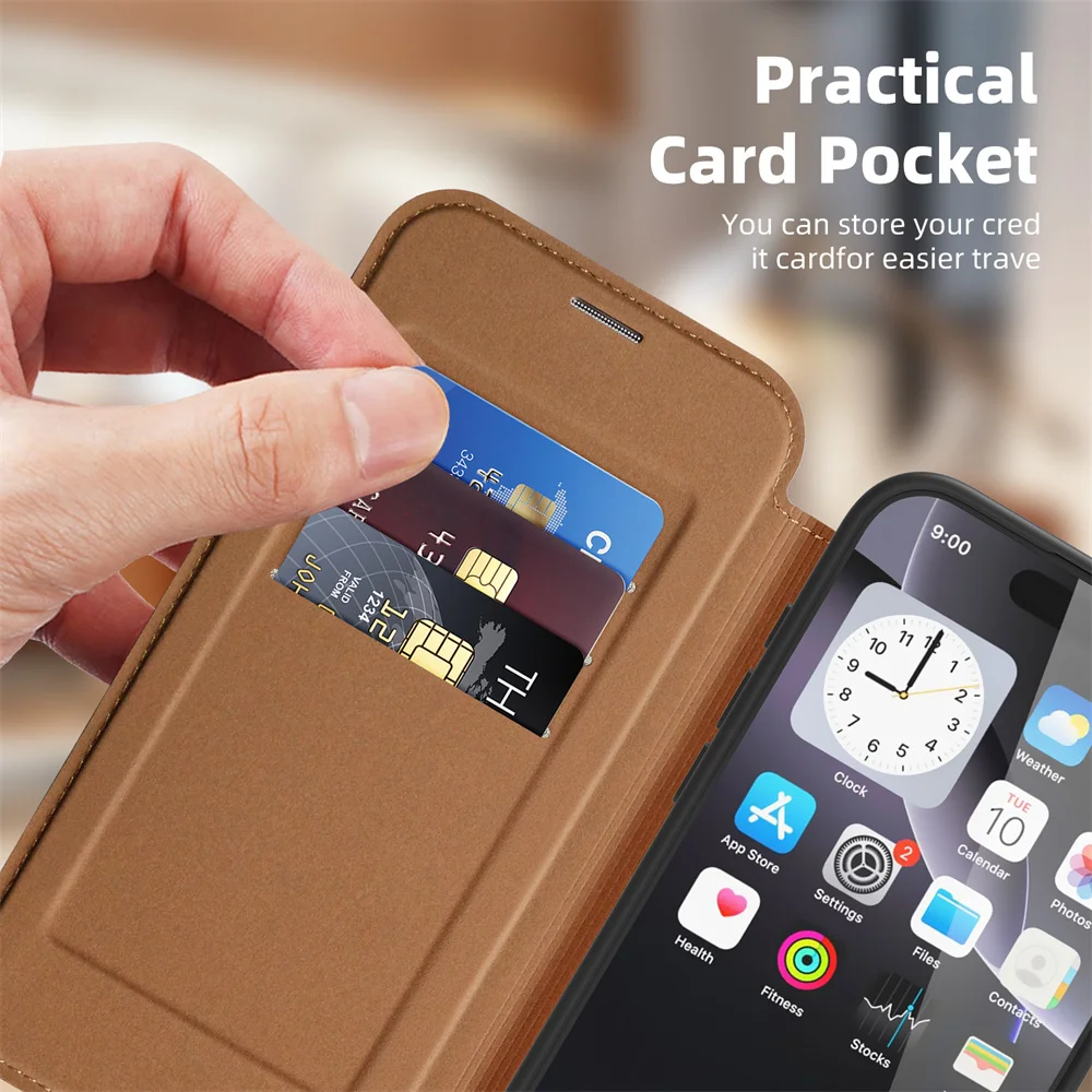Luxuriöse magnetische Flip-Leder-Brieftaschen-Handyhülle mit Magnet für iPhone 18 15 16 17 Pro Max 16E 14 13 12 11 mit Kartenfach und Kartenhalter – Detail 6