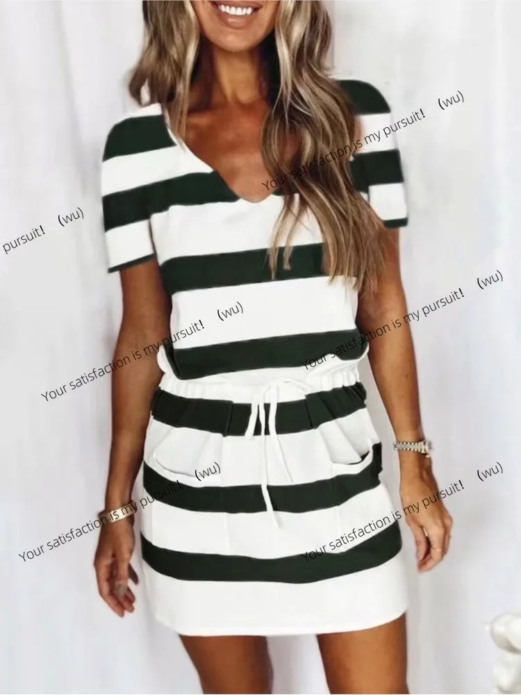 

Summer New Stripe Print Mini Dresses Women Comfortable Casual V-neck Drawstring Elastic Waist Dress Lady Commuting Style Vestido