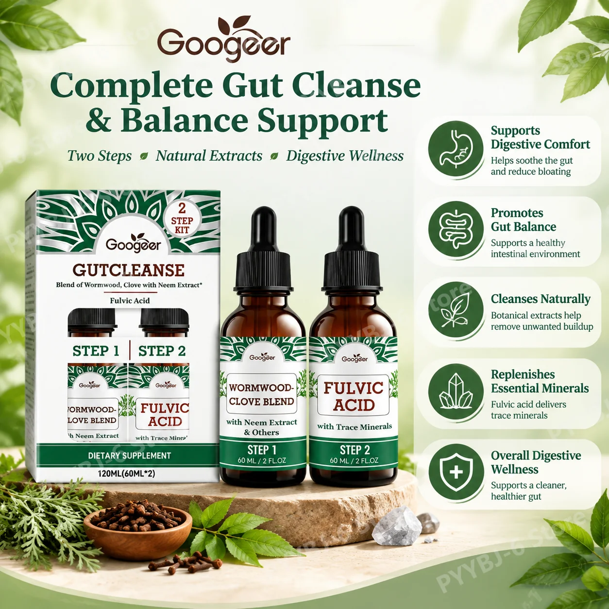 Gut Cleanse Drops 2-Step Kit for Digestive Comfort &Gut Balance Wormwood Clove Neem Extract+Fulvic Acid Minerals 120ml(2 x 60ml)