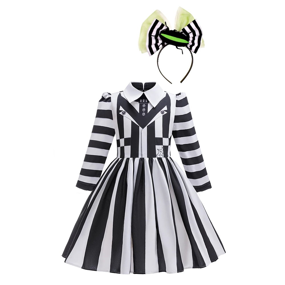 2026 Long Dresses and headband Black and White Striped Costume For Girl Fancy Party Dresses Carnival Masquerade clothes