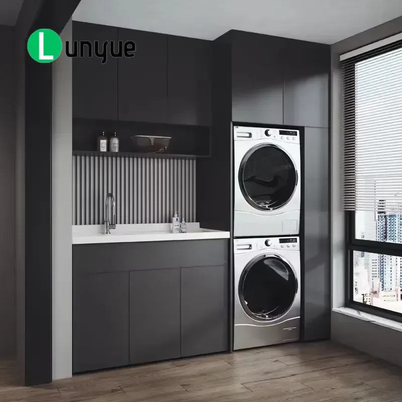 Custom Balcony Laundry Cabinet with Sink LED Light Waterproof Open Storage for Washer Dryer Space Saving Bathroom Utility