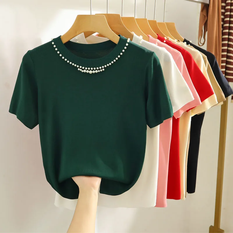 Fashion Short Sleeve Knitted Sweater Women Pullovers Beading O-Neck White Knit Sweater Pullover Women Tops Sueter Feminino Q3406