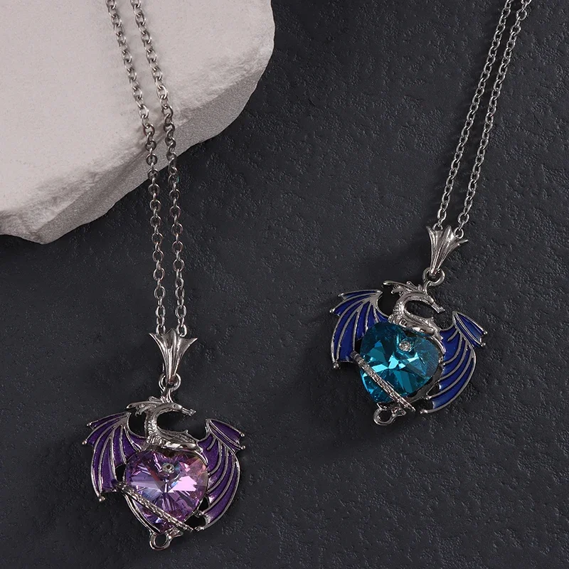 

Heart Shaped Zircon Dragon Pendant Necklace For Women Blue Purple Dragon Necklace Cute Dragon Party Fashion Jewelry Gift