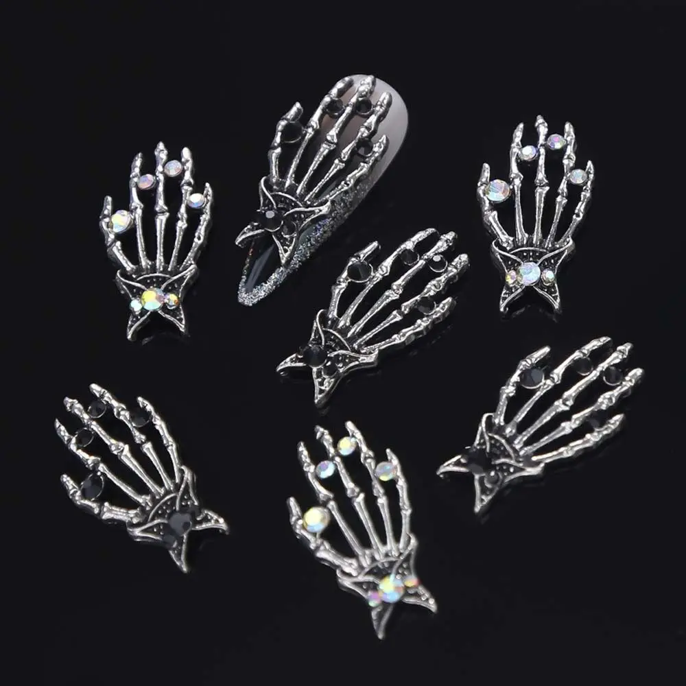 10Pcs/set Metal Nail Charms Halloween Skeleton Nail Rhinestones Nail Supplies Skull Palm Skeleton Hand Nail Decorations Silver