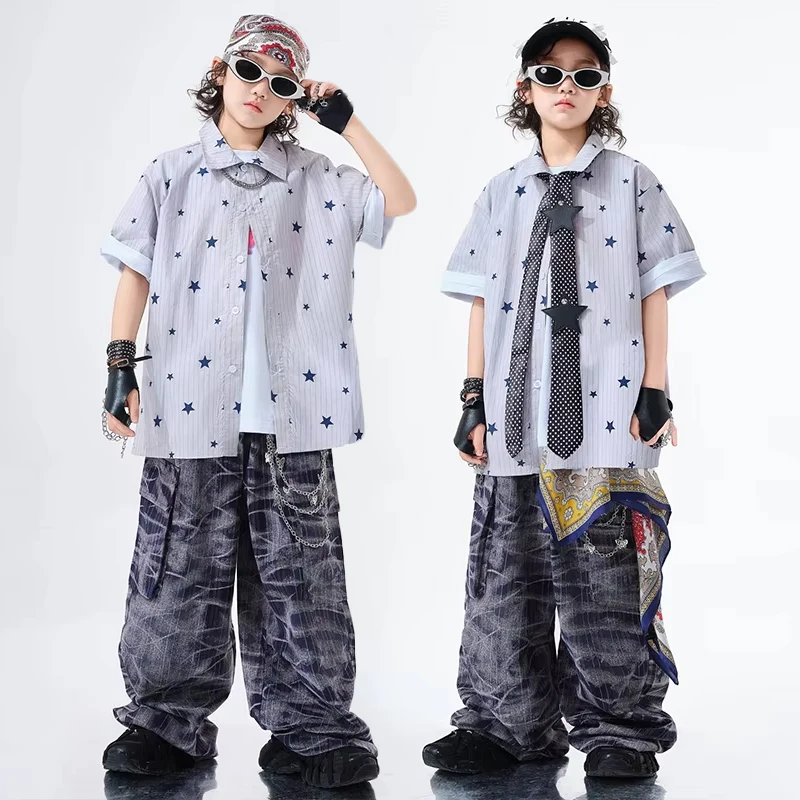 

2025 Jazz Dance Clothes Children Stage Performance Costumes Boys Hip Hop Top Loose Shirt Shuffle Pants Teen Street Wear AMY2228