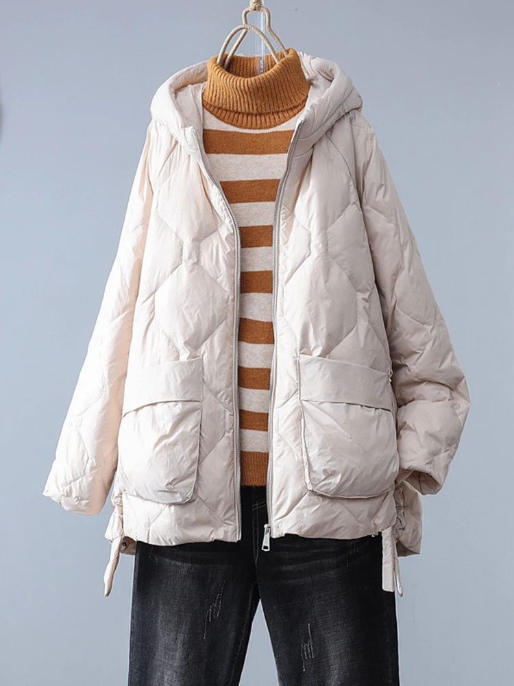 Chaqueta de plumón de pato blanco para mujer, abrigo informal, suelto, sólido, ligero, con capucha y cremallera, Parka acolchada, Invierno