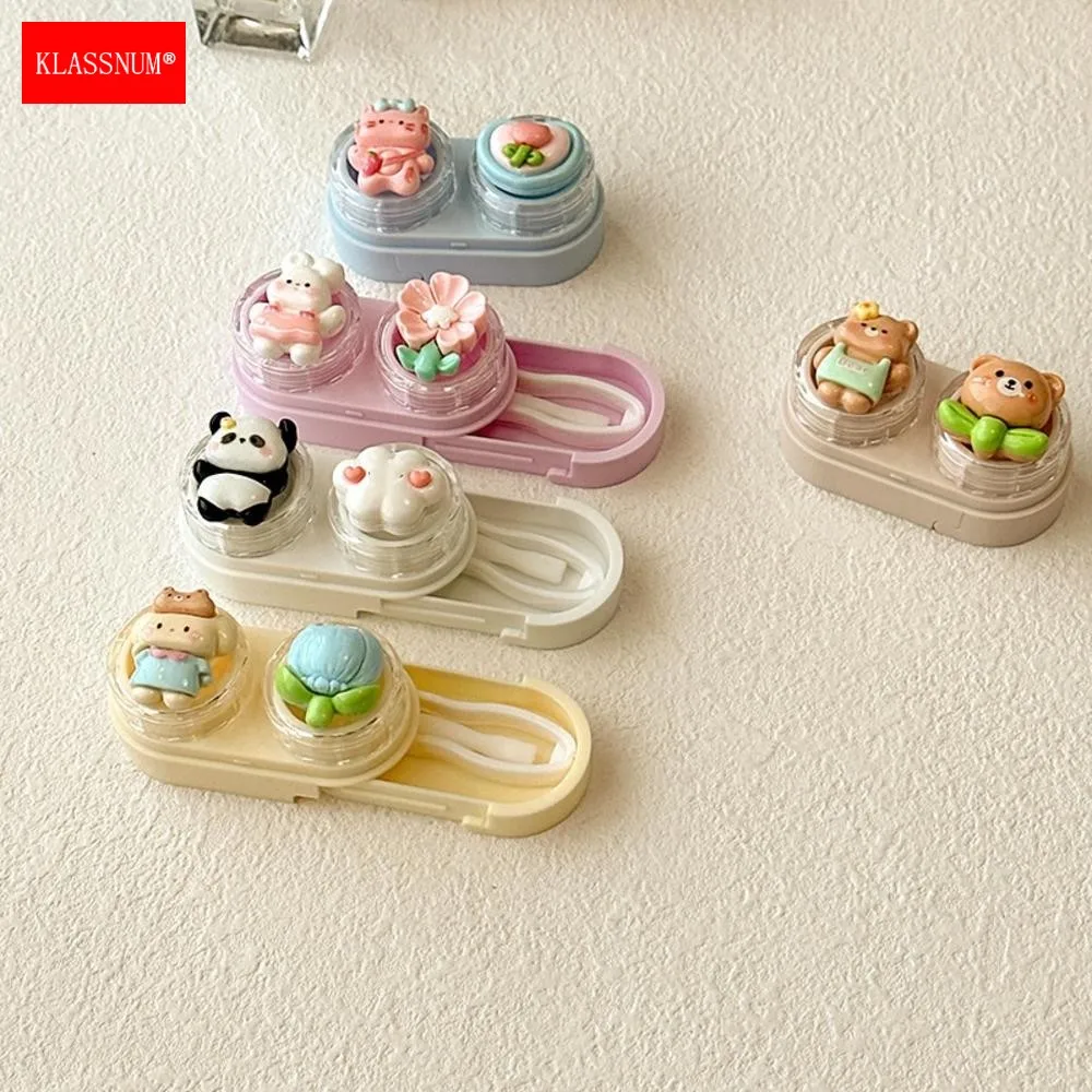 KLASSNUM Cute Kawaii Contact Lens Case Cartoon Bear Cat Rabbit Mini Drawer Design Color Contact Lens Box Holder Lens Container