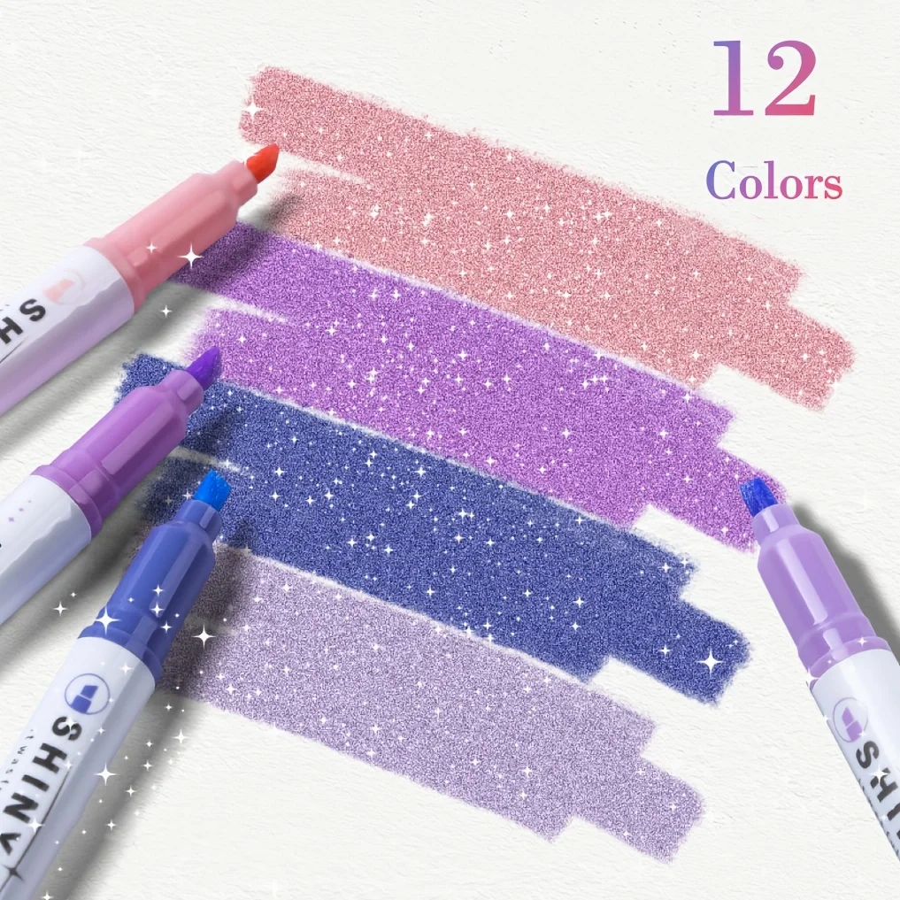 

12PCS Glitter Shiny Highlighter Marker Pens, Neon Fluorescent and Sparkling Colored Pens for School Supplies, Stationery
